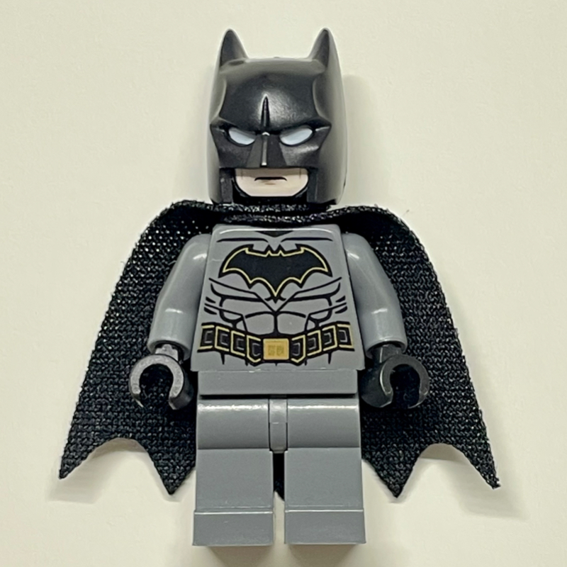 Batman, Dark Bluish Gray Suit, Black Cape and Cowl, Black Head, Dark Bluish Gray Legs, Gold Trim Batman Logo (39444 Cape)