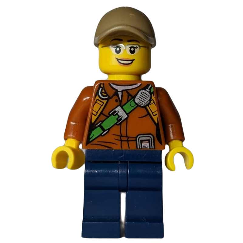 Explorer, Shirt with Radio and Green Belt, Dark Tan Cap, Glasses, Woman