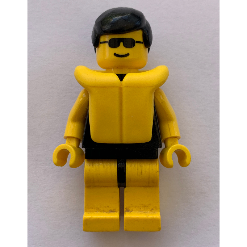 Man, Plain Black Swimsuit, Black Hair, Yellow Life Vest, Sunglasses