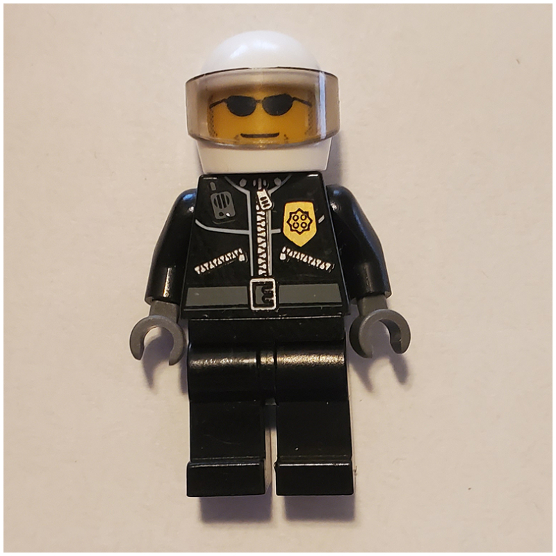 Policeman, Black Jacket with Zipper, Radio, and Badge, White Helmet and Visor, Sunglasses