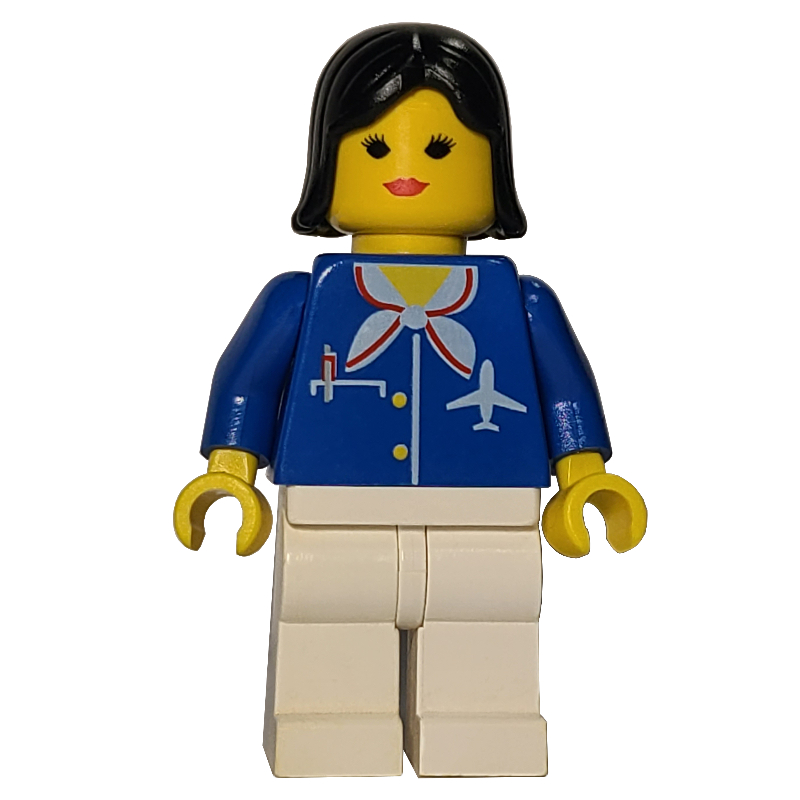 Airline Worker, Woman, Blue Jacket with Plane Logo and White Scarf, White Legs, Black Hair, Red Lips