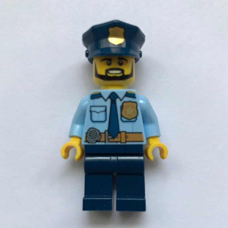 Policeman Captain Ember, Bright Light Blue Shirt with Radio and Badge, Dark Blue Legs, Police Hat with Badge, Beard