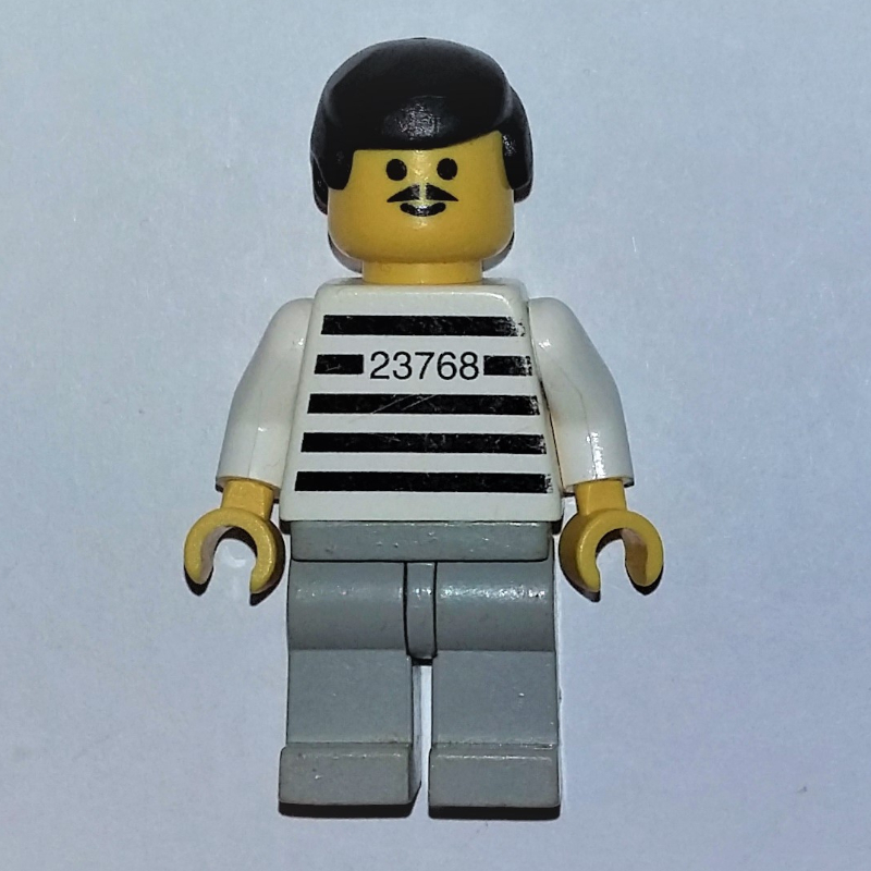 Jailbreak Joe, Prison Shirt with #23768, Light Bluish Gray Legs, Black Hair, Moustache