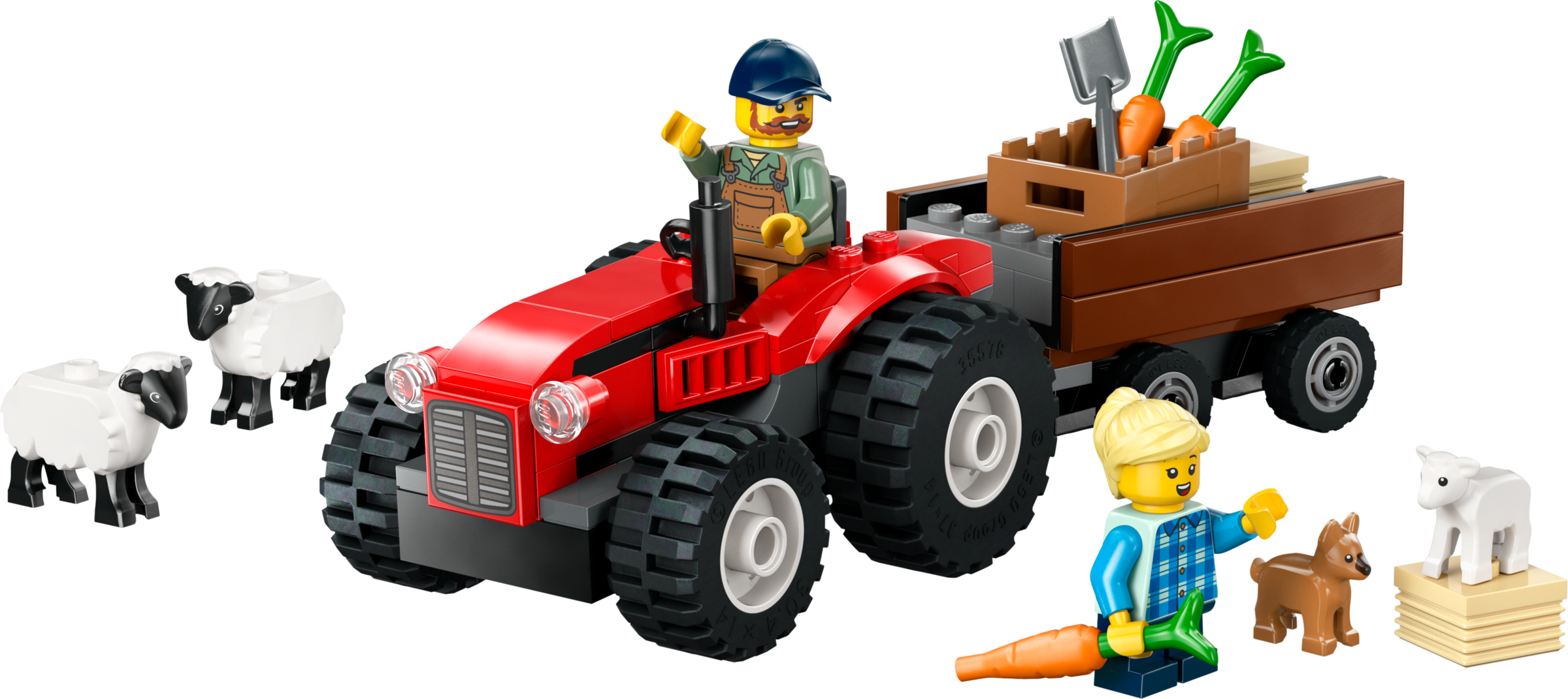 Red Farm Tractor with Trailer & Sheep